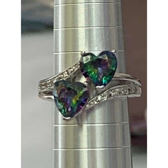Womens Ring 925 Sterling Silver Sz. 6.25 Faux Mystic Topaz Hearts Cubic Zirconia - Picture 3 of 7